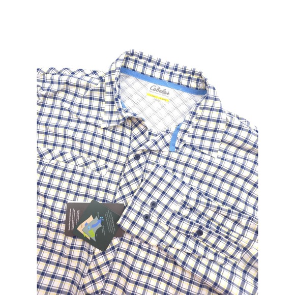 NEW Cabelas Shirt Men L White Plaid Nylon Blend Vented Fishing Button-Up‎ - Picture 1 of 13